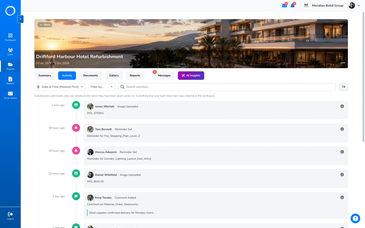 The project activity timeline in Portal Worx