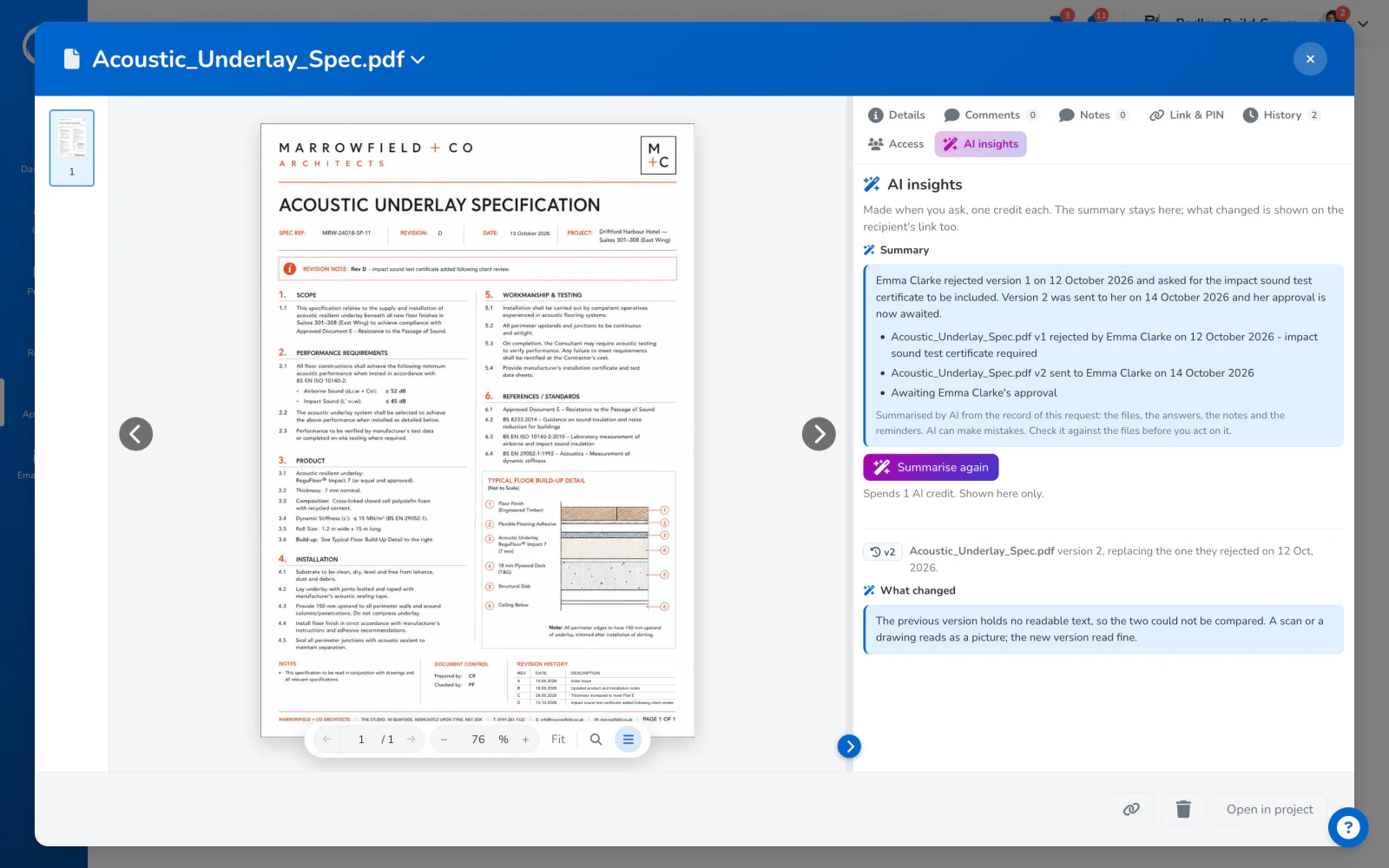 The AI insights tab of a sign-off request: a summary of where it stands and what this version changed