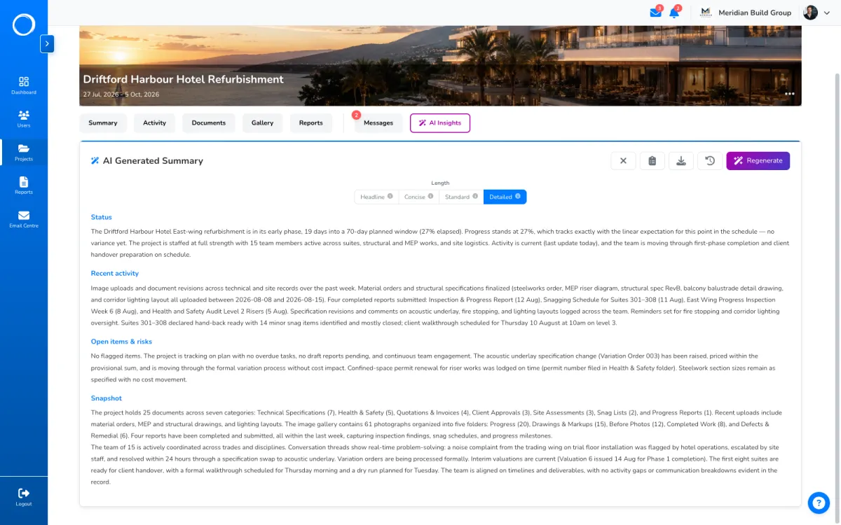 An AI generated project summary in Portal Worx