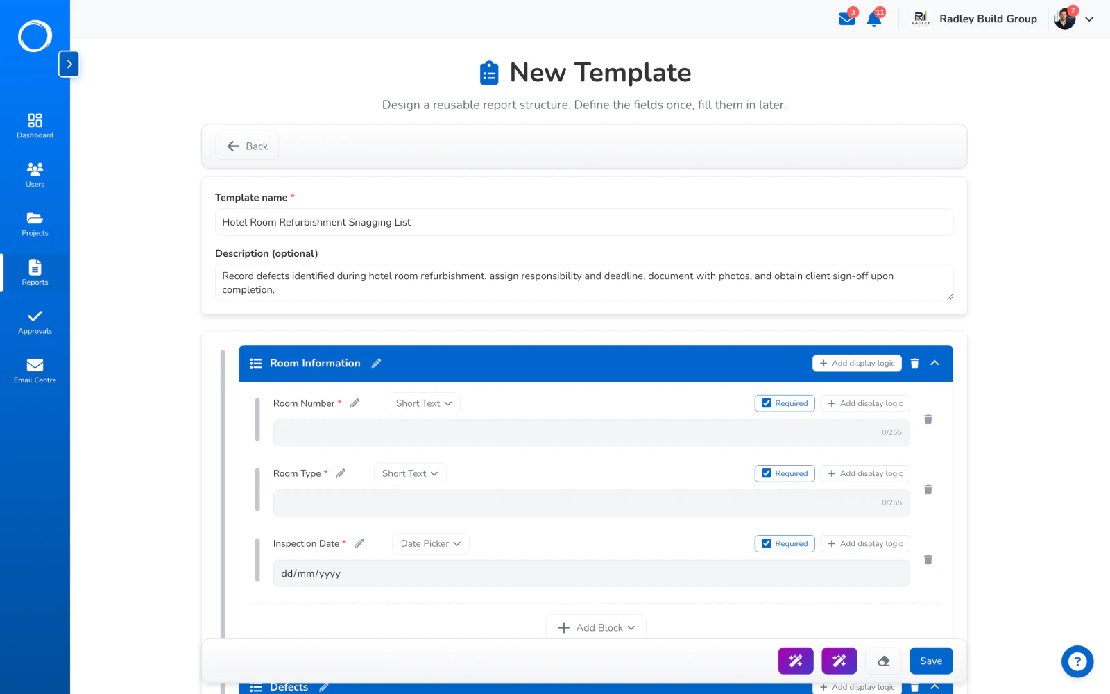 A report template drafted by AI from one sentence, open in the builder to check and keep