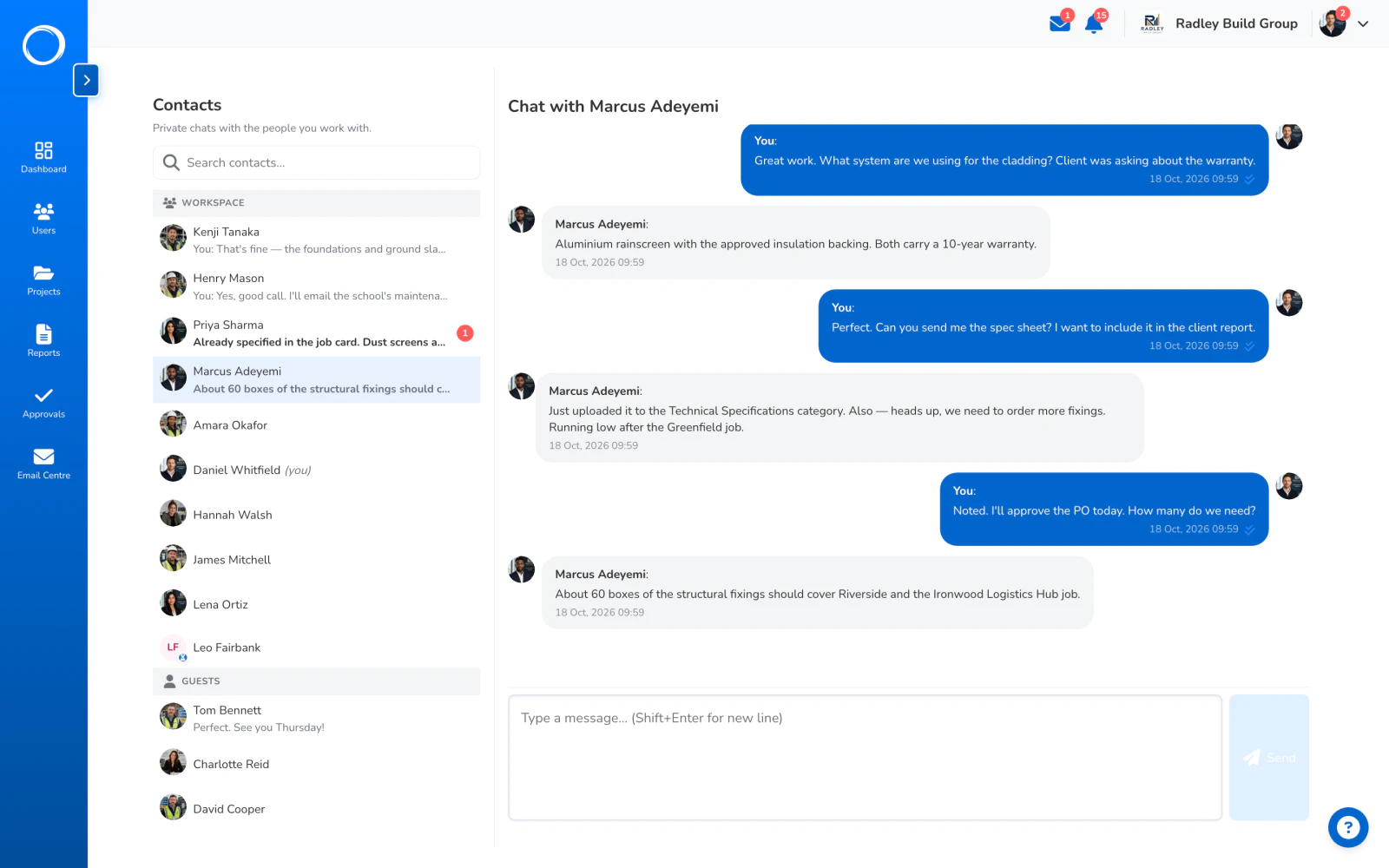 A direct message with someone on the project: the contacts on the left, the conversation open