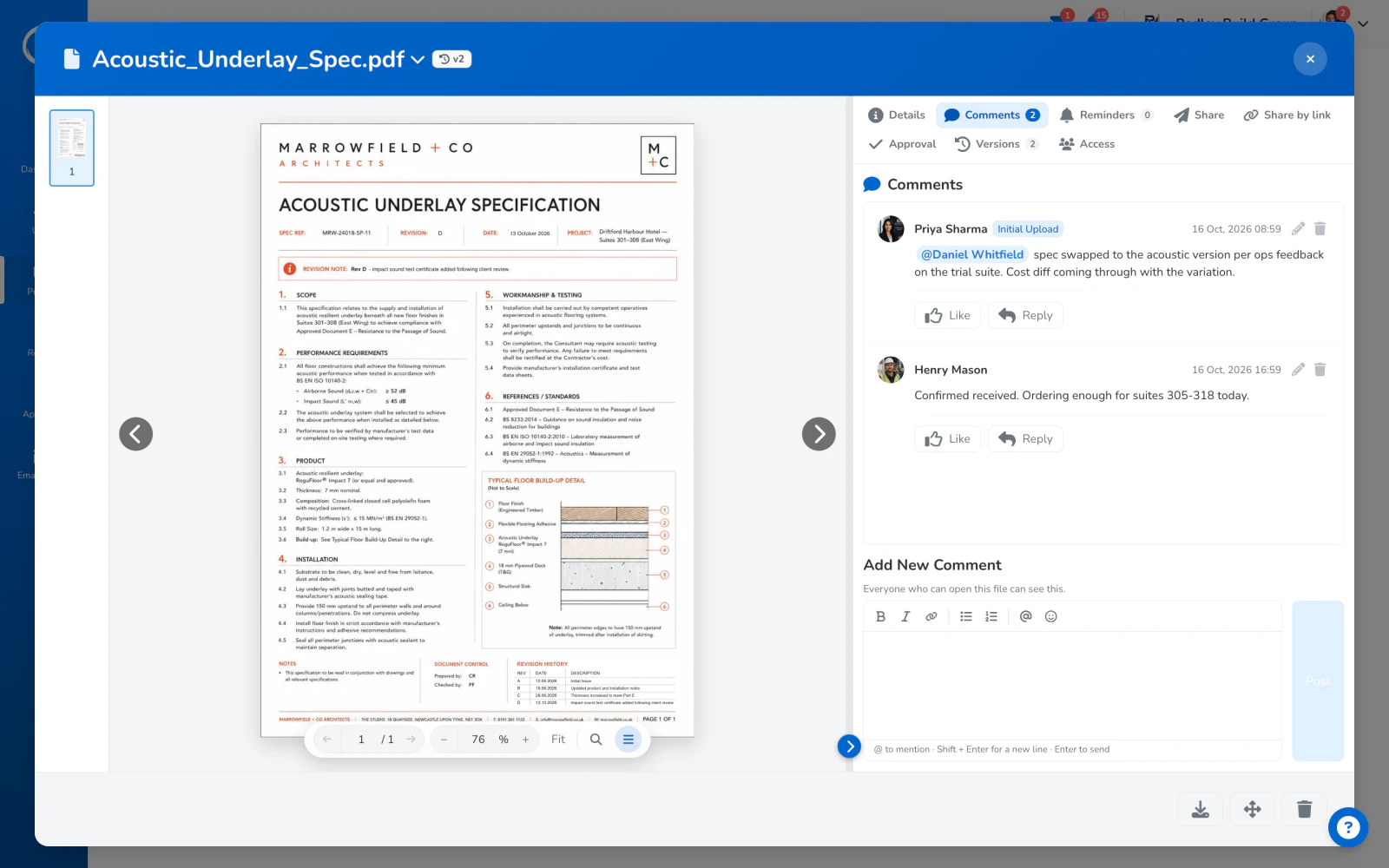 The comments on a document: a question with a mention, and the reply, on the file itself