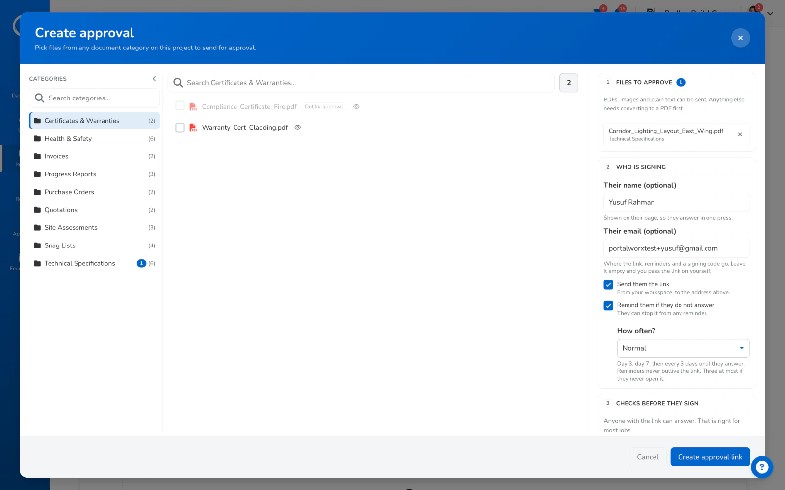 The request dialog: their name and email, send them the link, and reminders switched on