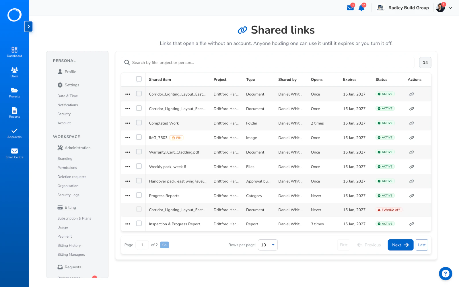 Every link the workspace has shared, with how often it was opened, when it expires and a switch to turn it off