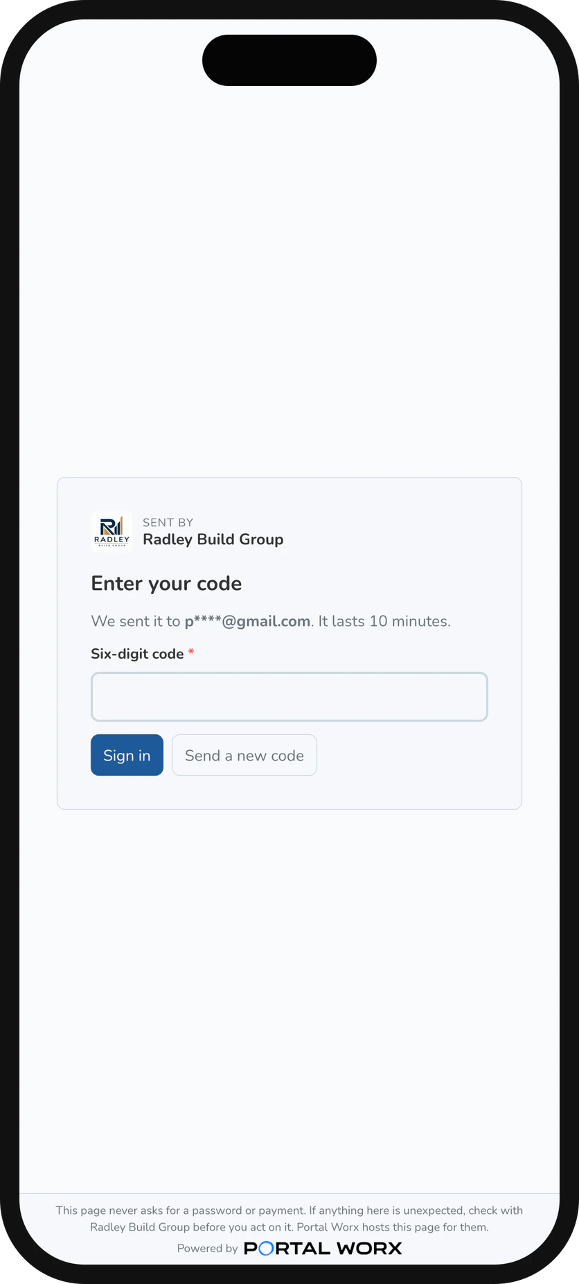 Signing in with a six-digit code on a phone: no password, the code is in their email