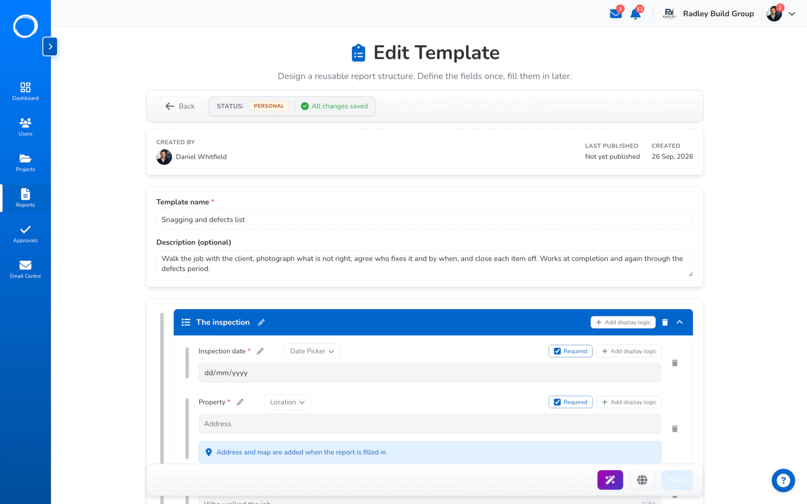 The template builder: a section with a required date and a location, each with its own display logic