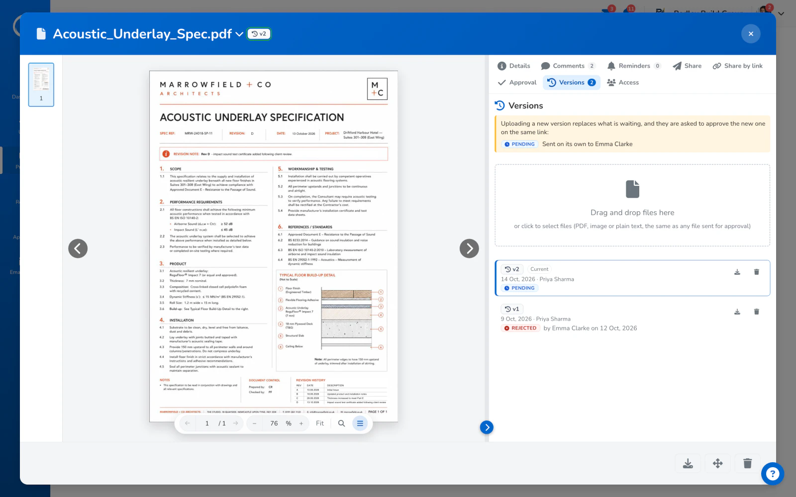 A document with its versions listed, the current one marked and the approval each one carried