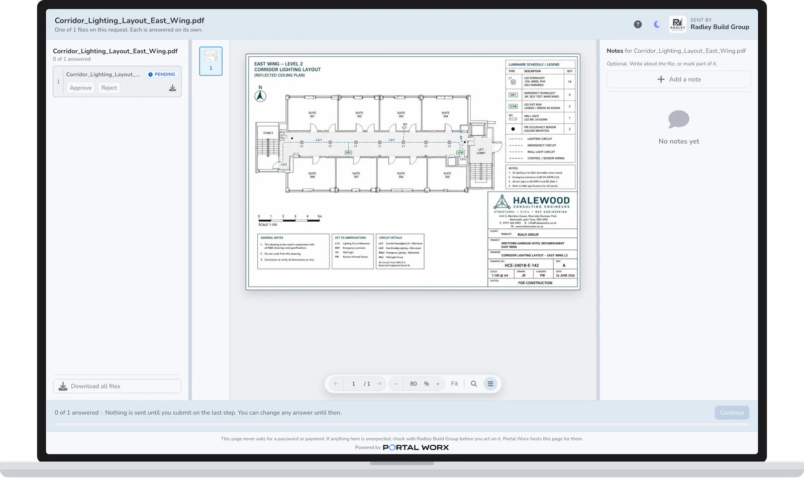 The approval page on a laptop: the drawing, Approve and Reject, and no login