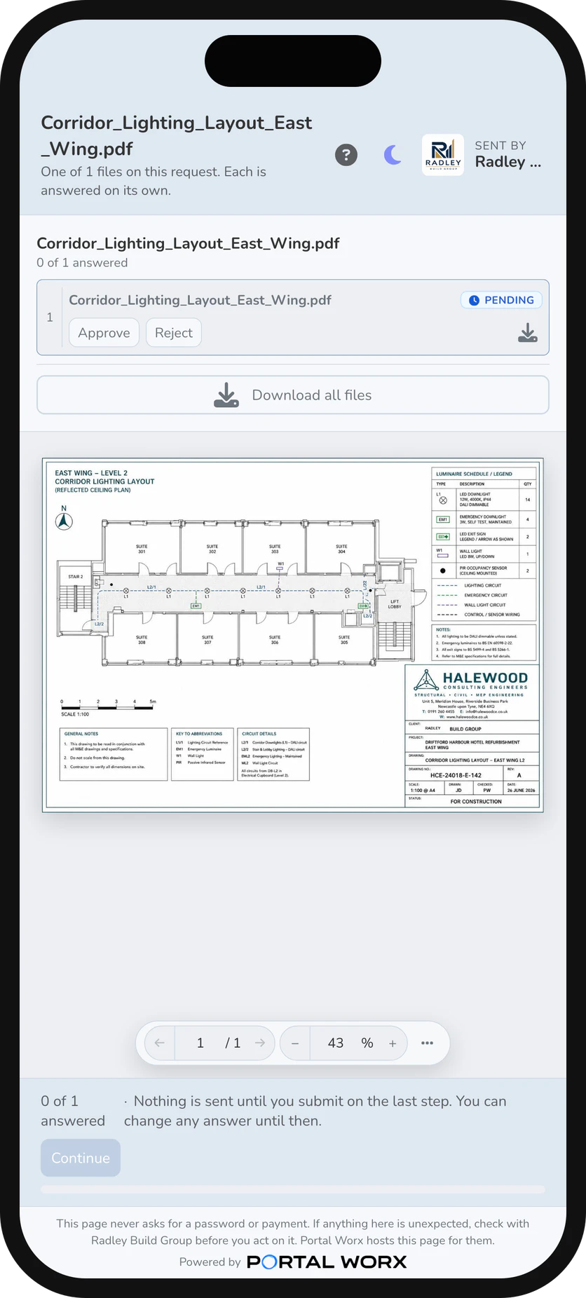 The same page on a phone: the drawing, Approve and Reject, and no login