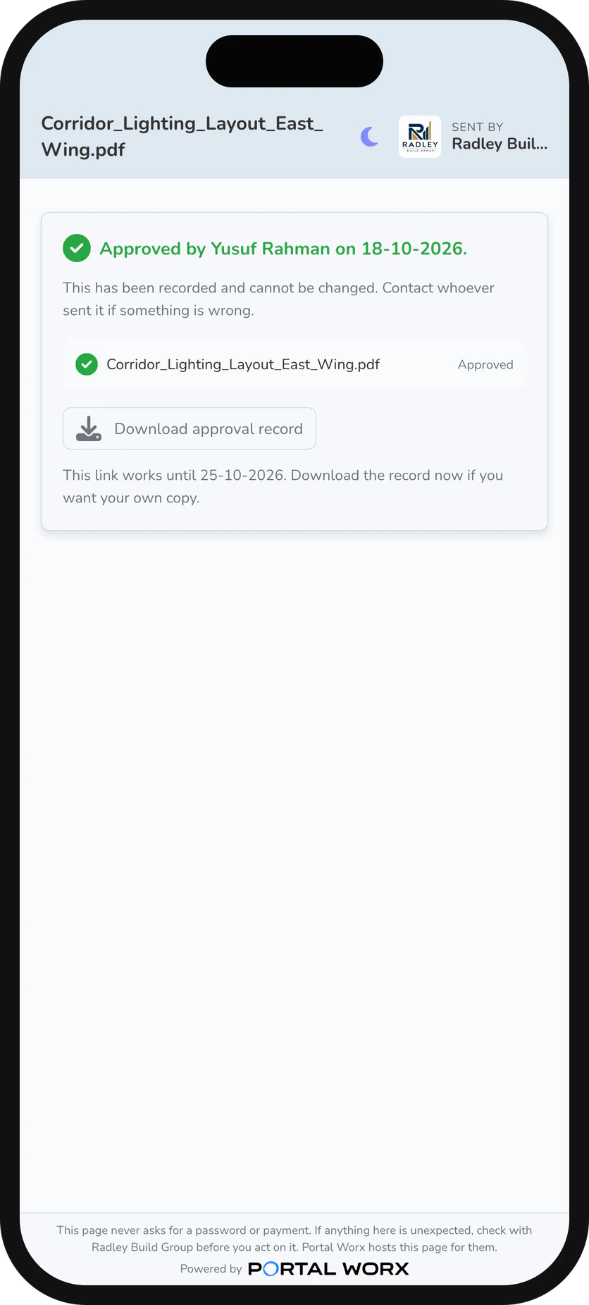 The done state on a phone: approved, signed and dated