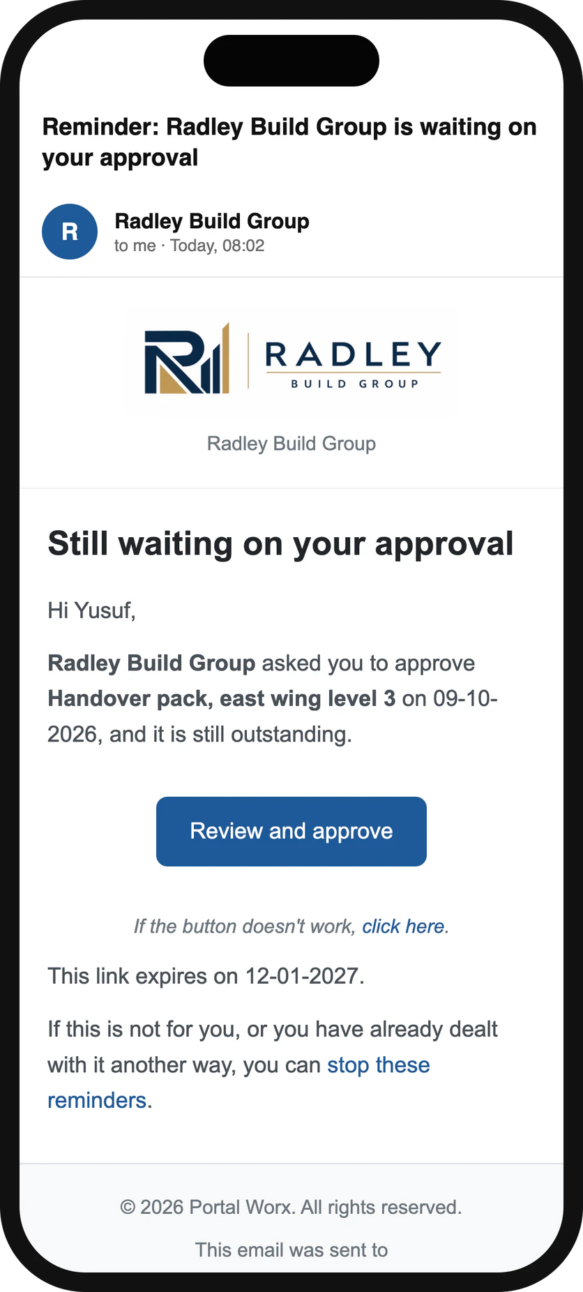 A reminder on a phone: the same link, three days on, from the builder