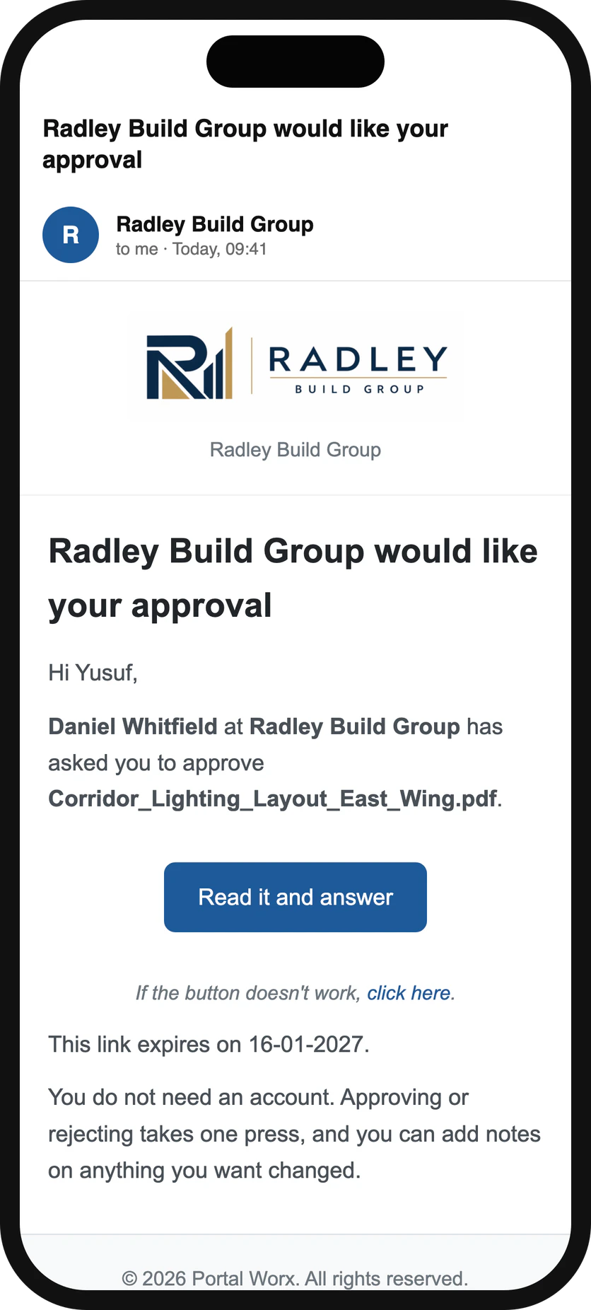 The email on a phone: one link to the drawing, from the builder, with nothing to install