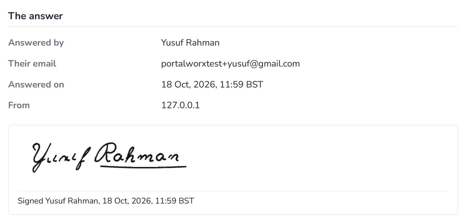 The answer block of the record: answered by Yusuf Rahman, the email address, the date and time, the network address, and the signature drawn on the page