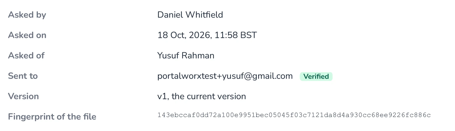 The request block of a real record: who asked, when, the address it went to, verified, the version, and the fingerprint of the exact file