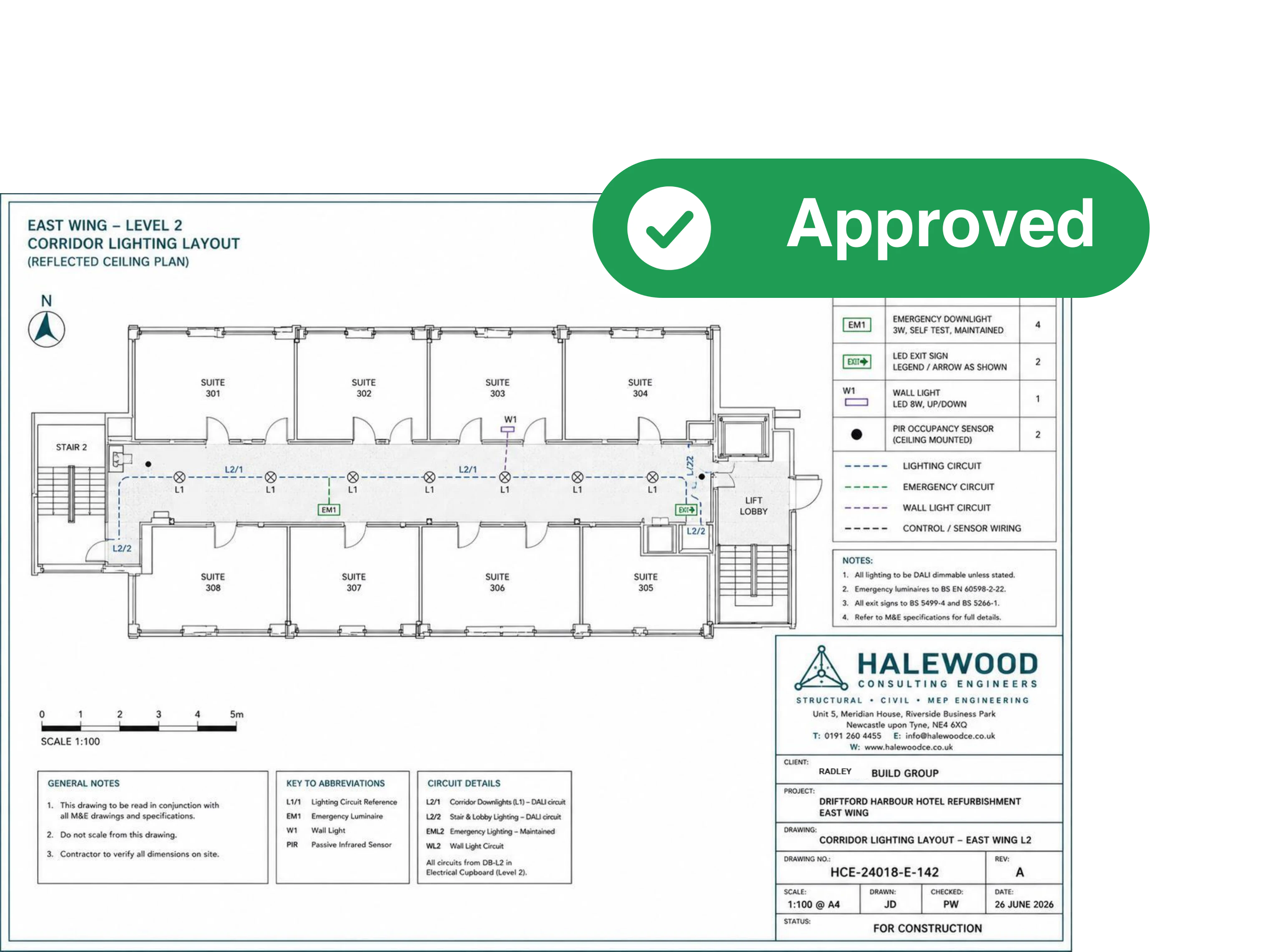 The corridor lighting layout with a green Approved stamp across its corner