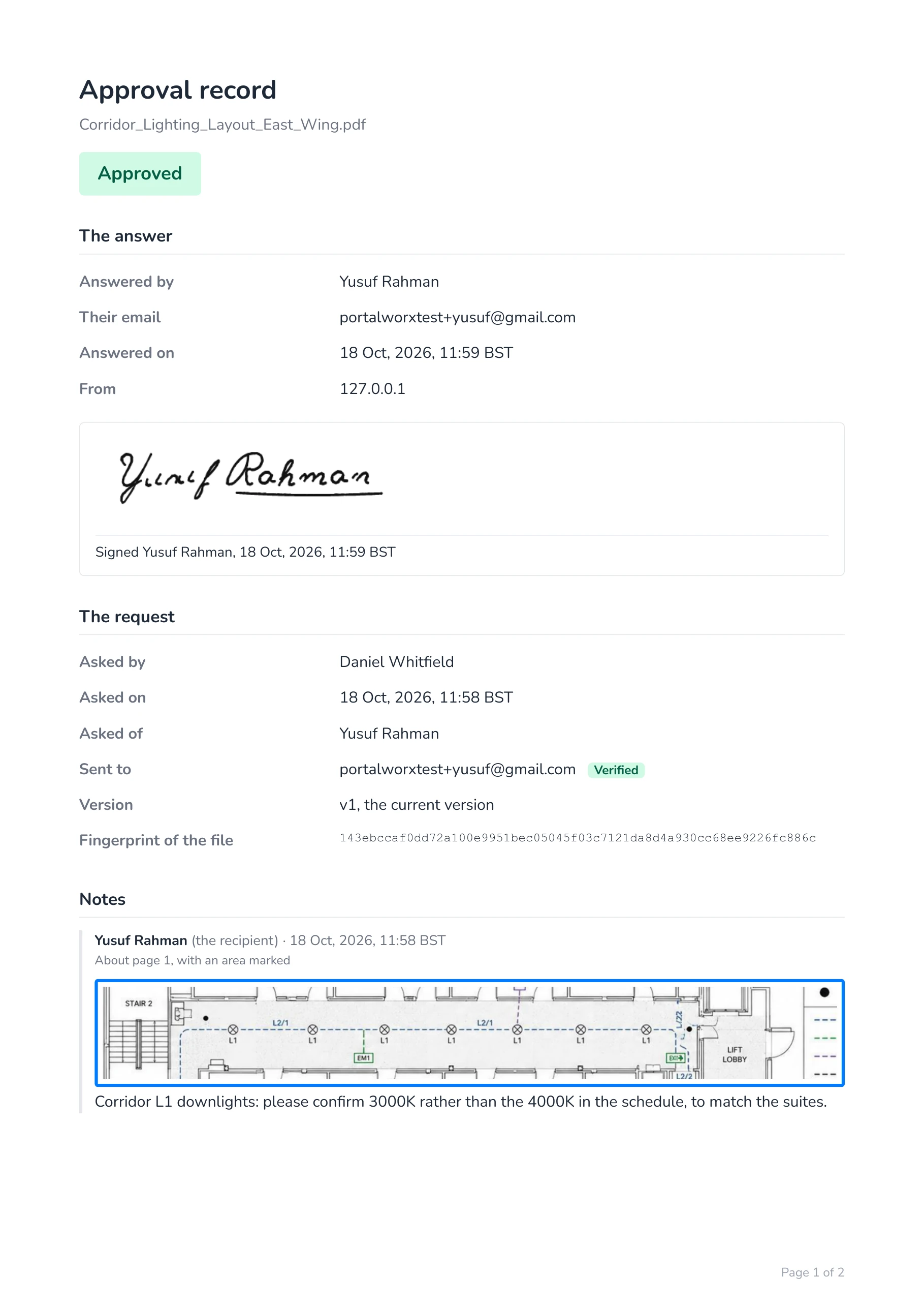 Page one of a real approval record, naming the file, its version and its fingerprint