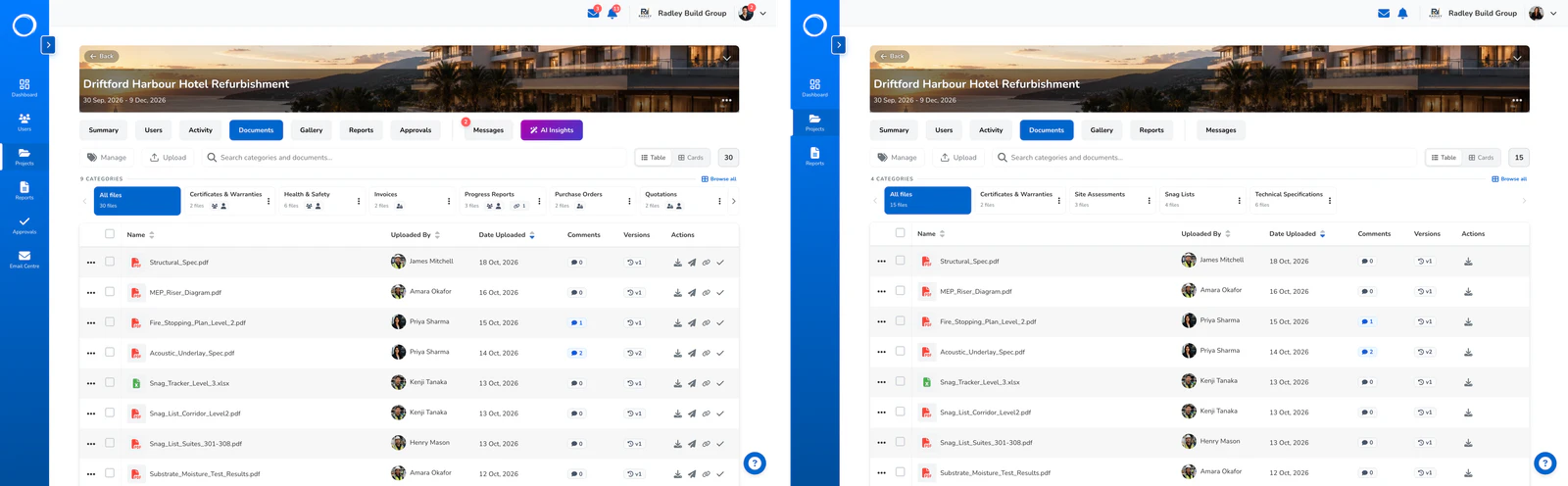 The same documents tab as your team sees it and as the client sees it, side by side
