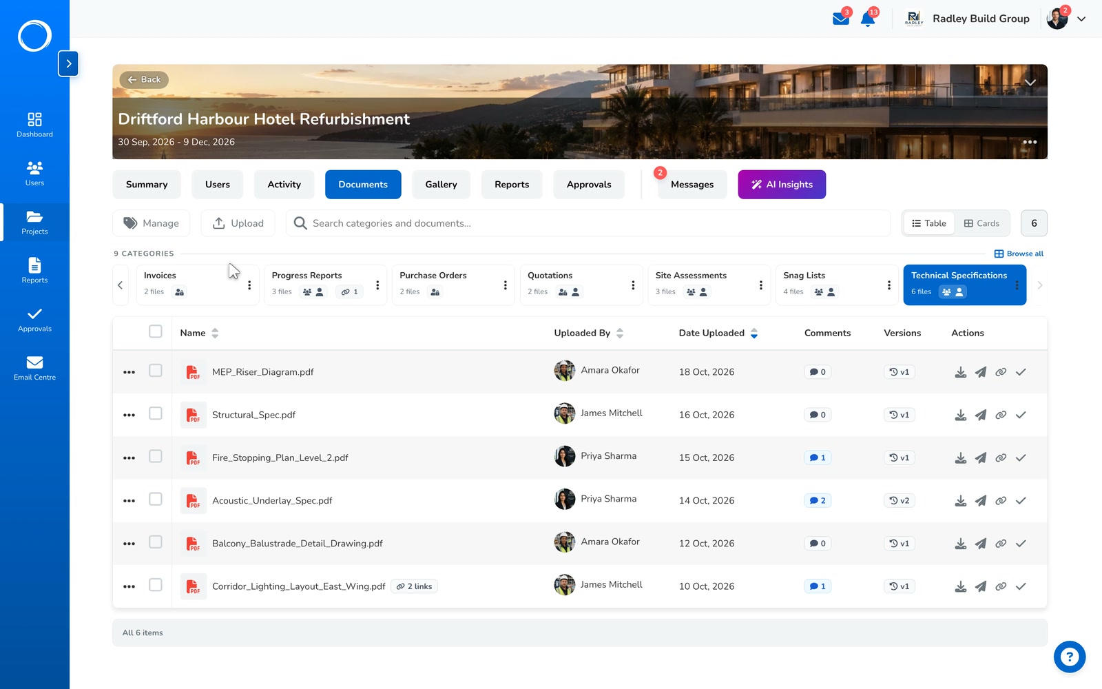 A spec the client rejected, revised: its versions listed with the approval each carried, and a new version uploaded while the old ones keep theirs