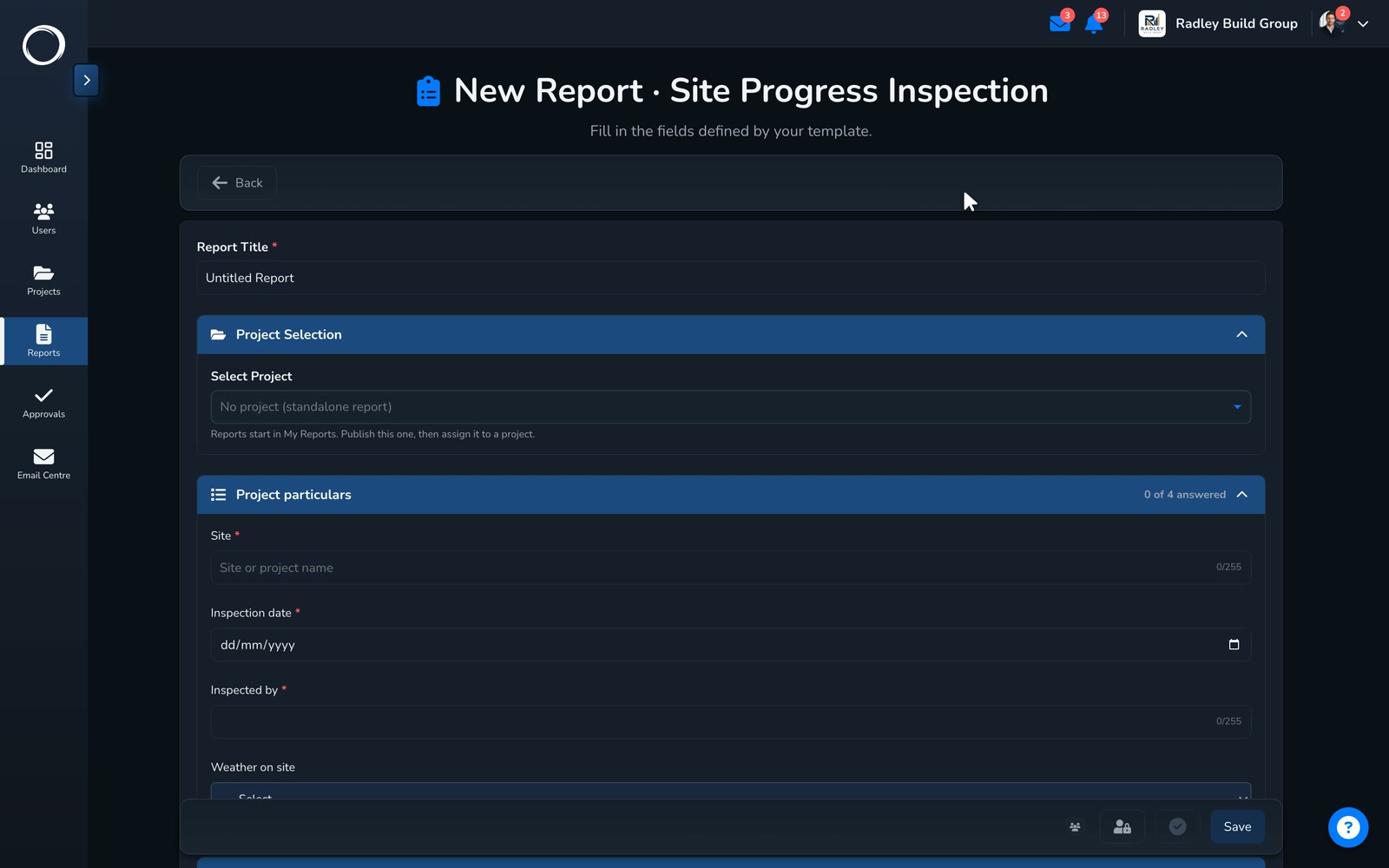 A site inspection filled in from the template: the particulars, progress, a line on what moved, and two photos going in