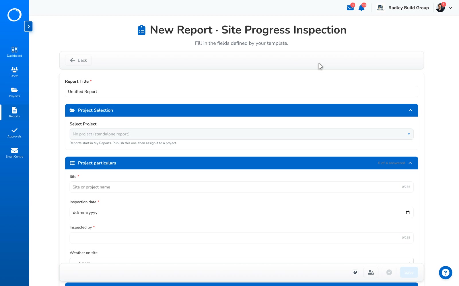 A site inspection filled in from the template: the particulars, progress, a line on what moved, and two photos going in