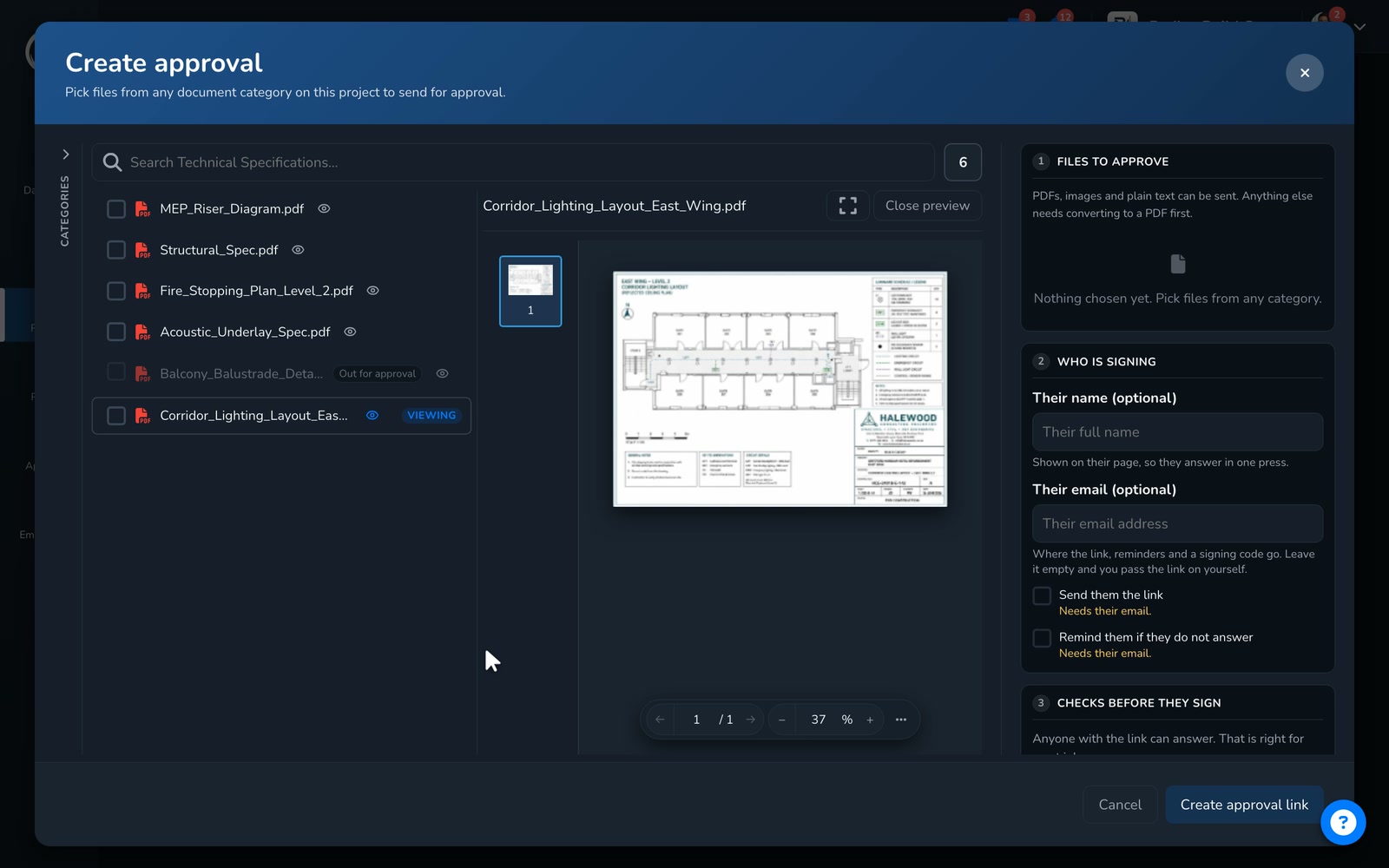 The whole loop: the request sent from one dialog, the email in the client's inbox, the client approving and signing with no account, and the Approvals Centre showing it settled