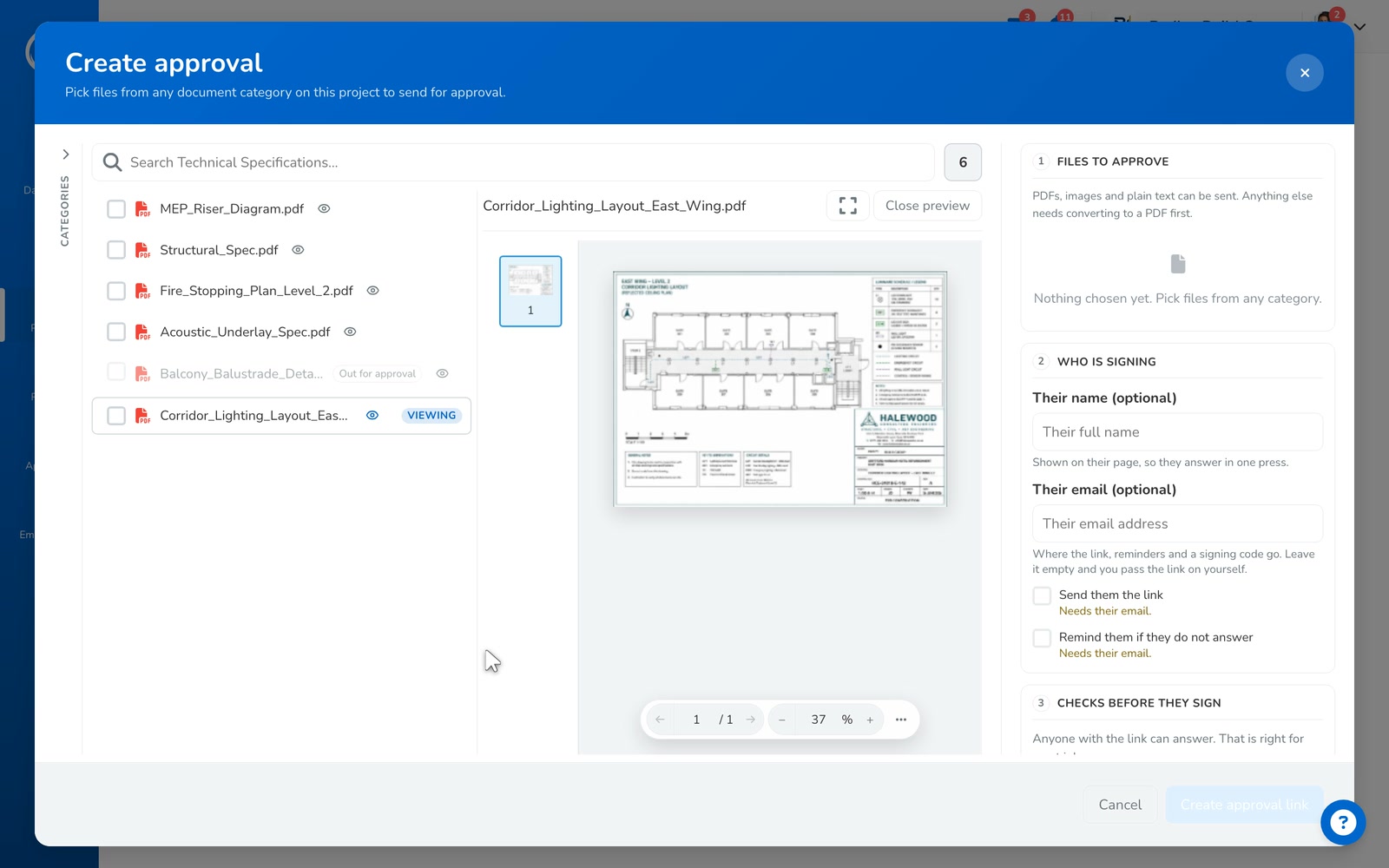 The whole loop: the request sent from one dialog, the email in the client's inbox, the client approving and signing with no account, and the Approvals Centre showing it settled